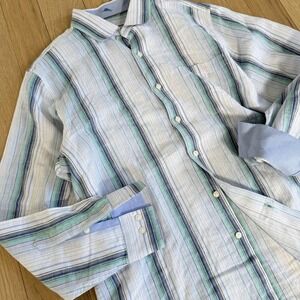 Tommy Bahama Shirt Mens Medium Linen Blend Blue Striped Long Sleeve Button Up